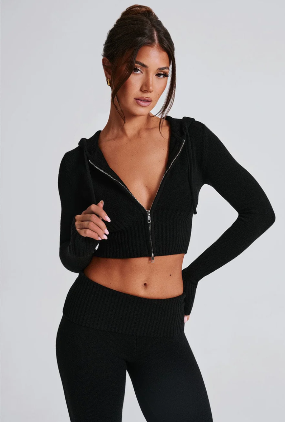 Portia Knit Hoodie Set Black