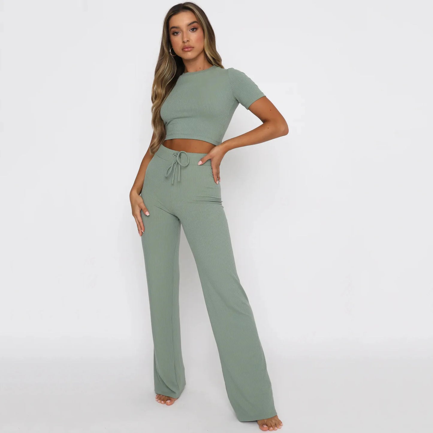 New Women'S Solid Color Crop Sexy Open Umbilium Fashion Casual Pocket Slim Fit Pants Set 2 Piece Set Women