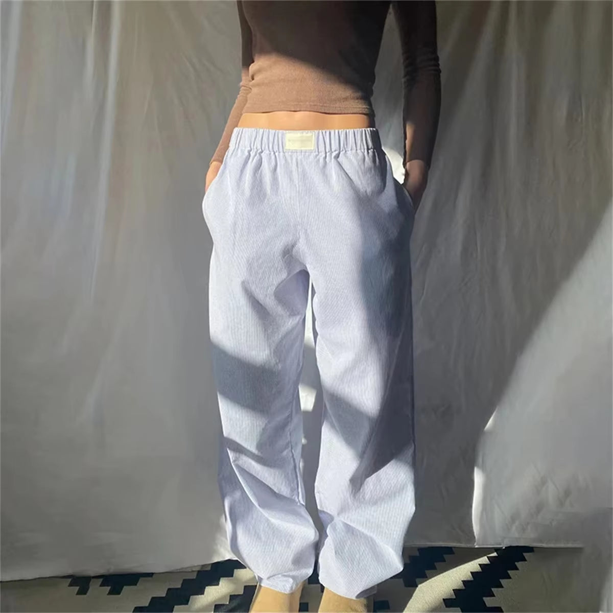 Fashion Striped Print Long Pant Women New Trendy Elastic Waist Wide Leg Slouchy Pants Casual Famale Straight Trousers 2024 Chic