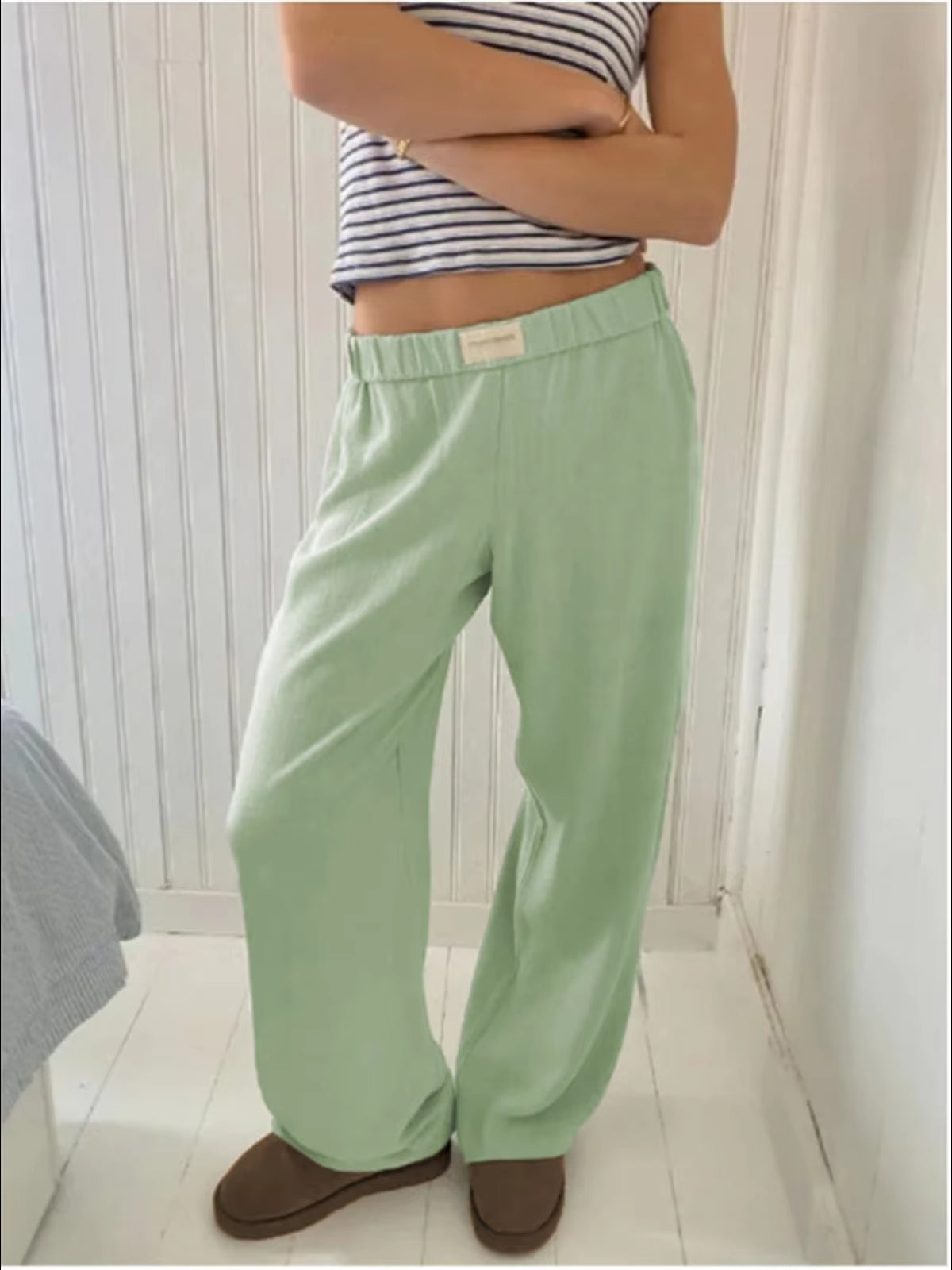 Fashion Striped Print Long Pant Women New Trendy Elastic Waist Wide Leg Slouchy Pants Casual Famale Straight Trousers 2024 Chic