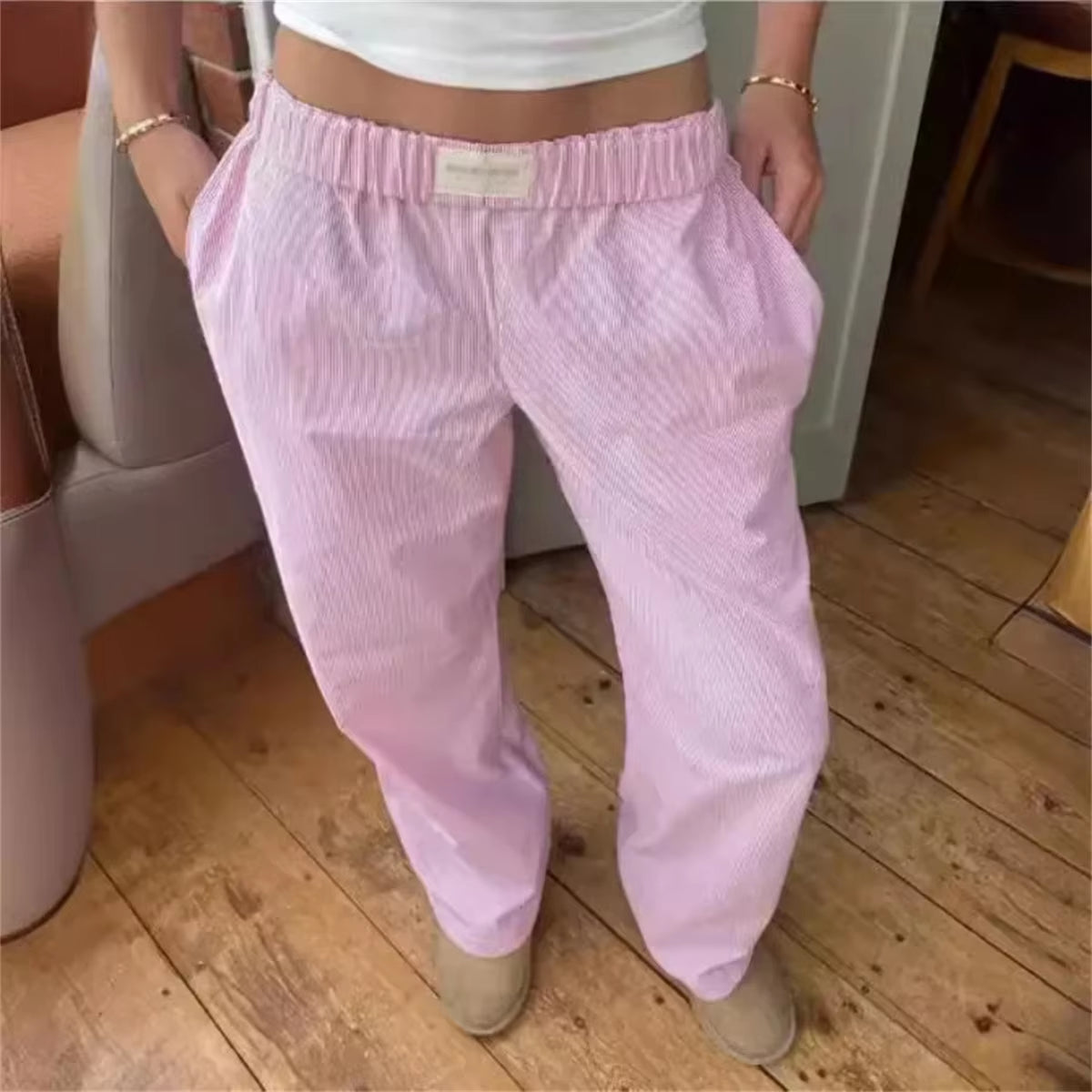 Fashion Striped Print Long Pant Women New Trendy Elastic Waist Wide Leg Slouchy Pants Casual Famale Straight Trousers 2024 Chic