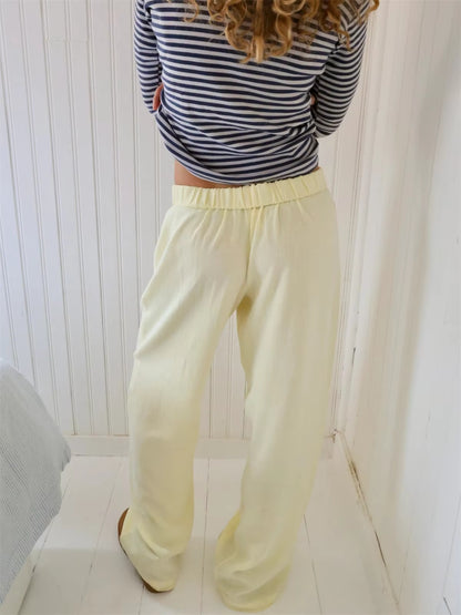 Fashion Striped Print Long Pant Women New Trendy Elastic Waist Wide Leg Slouchy Pants Casual Famale Straight Trousers 2024 Chic