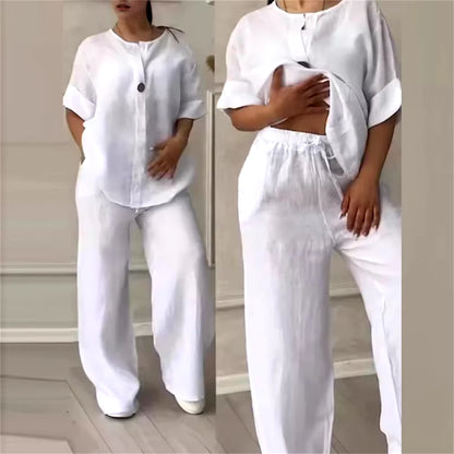 Women Solid V Neck Suits Fashion Autumn Spring Two Piece Set Casual Long Sleeve Shirt Top Wide-Leg Pant Sets Loose Outfites Suit