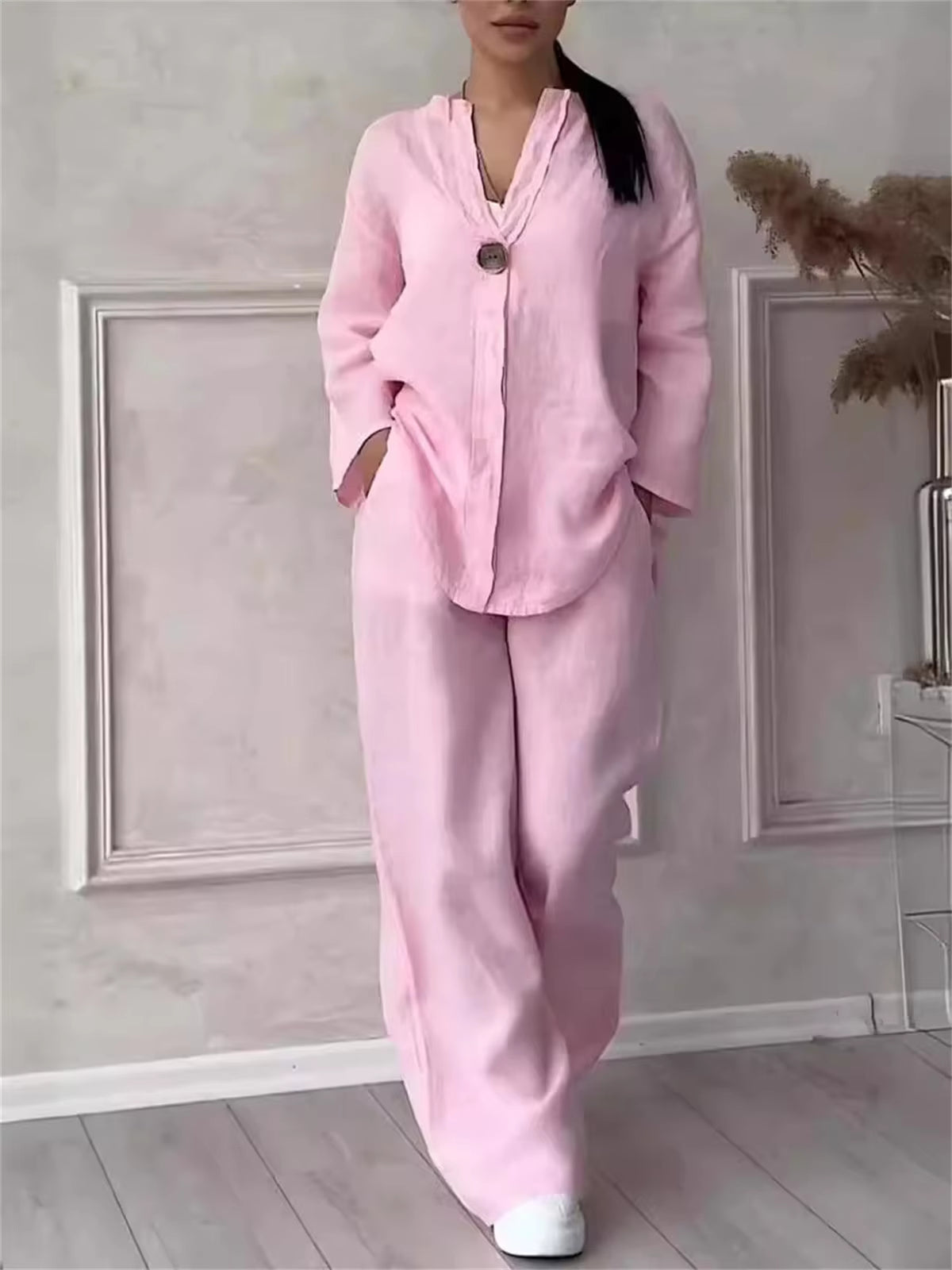 Women Solid V Neck Suits Fashion Autumn Spring Two Piece Set Casual Long Sleeve Shirt Top Wide-Leg Pant Sets Loose Outfites Suit