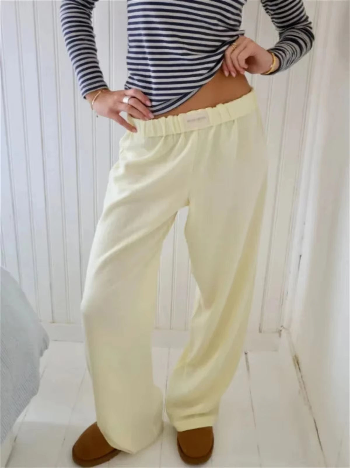 Fashion Striped Print Long Pant Women New Trendy Elastic Waist Wide Leg Slouchy Pants Casual Famale Straight Trousers 2024 Chic