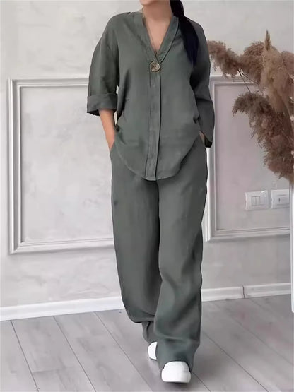 Women Solid V Neck Suits Fashion Autumn Spring Two Piece Set Casual Long Sleeve Shirt Top Wide-Leg Pant Sets Loose Outfites Suit